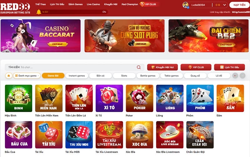 Sảnh game bài đổi thưởng Red88 với nhiều thể loại đa dạng