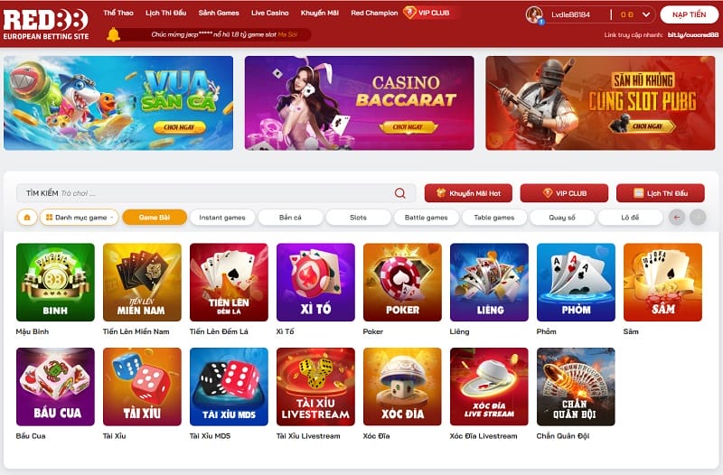 Sảnh Casino tại Red88 có rất nhiều thể loại game bài để bạn lựa chọn